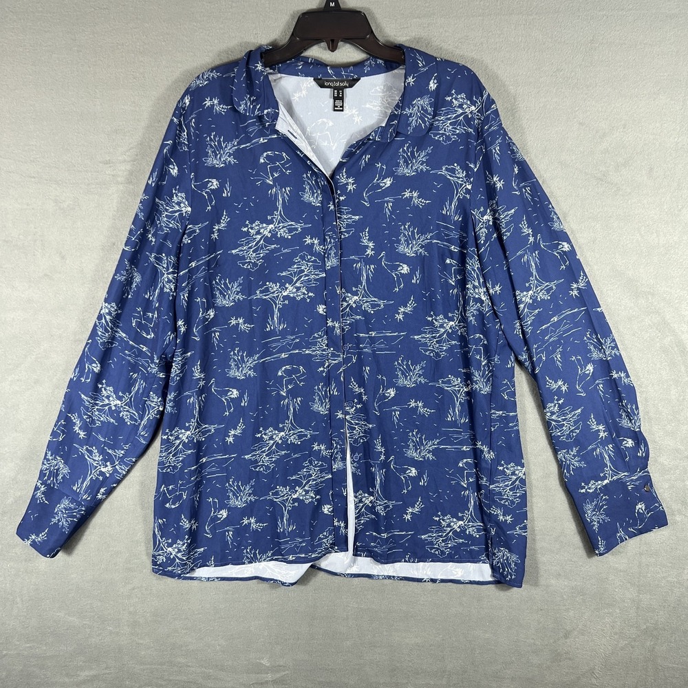 Long Tall Sally Women's US 18 Blue White Heron Print Long Sleeve Button-Up